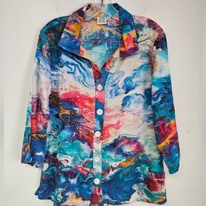Parsley & Sage Tunic Blouse Multicolor Button Front Sz L Whimsy Art To Wear